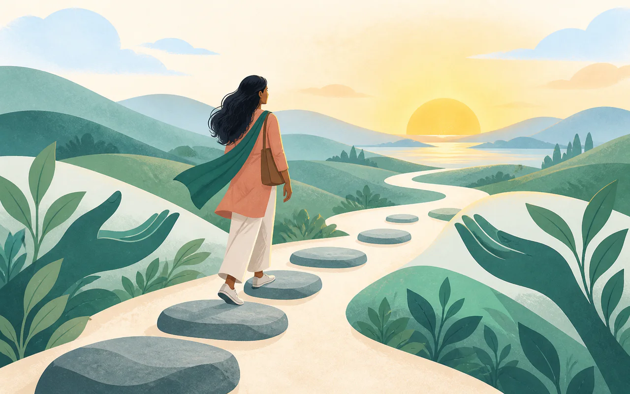 A person following stepping stones along a gentle path toward sunrise
