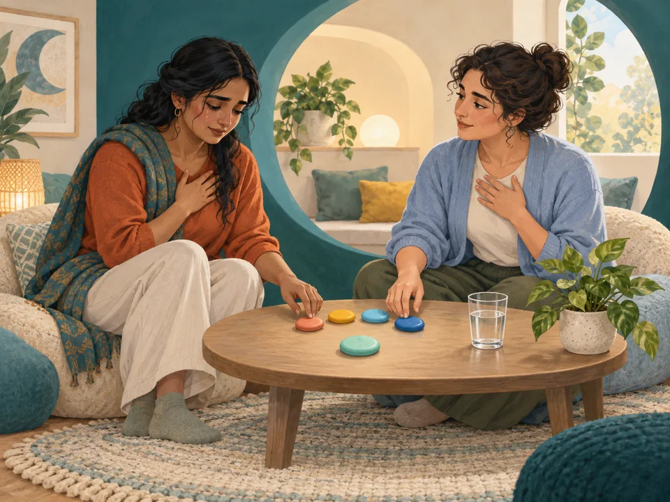 A mental health professional calmly supporting a distressed adult