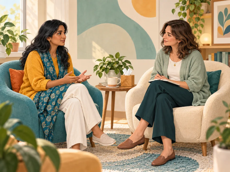 A counsellor and one client in a calm, private conversation